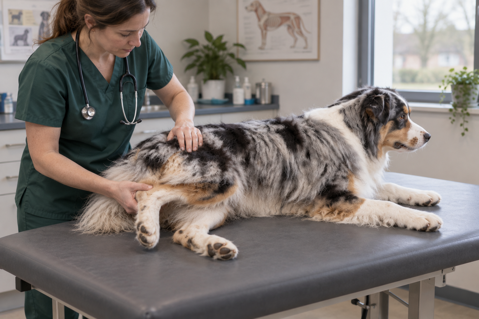 Veterinárka vyšetruje rozsah pohybu bedrového kĺbu psa